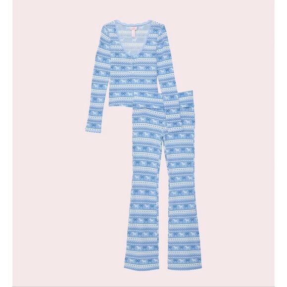 NWT blue fair isle VS pink x loveshackfancy waffle long thermal pj pajama set - Picture 4 of 13
